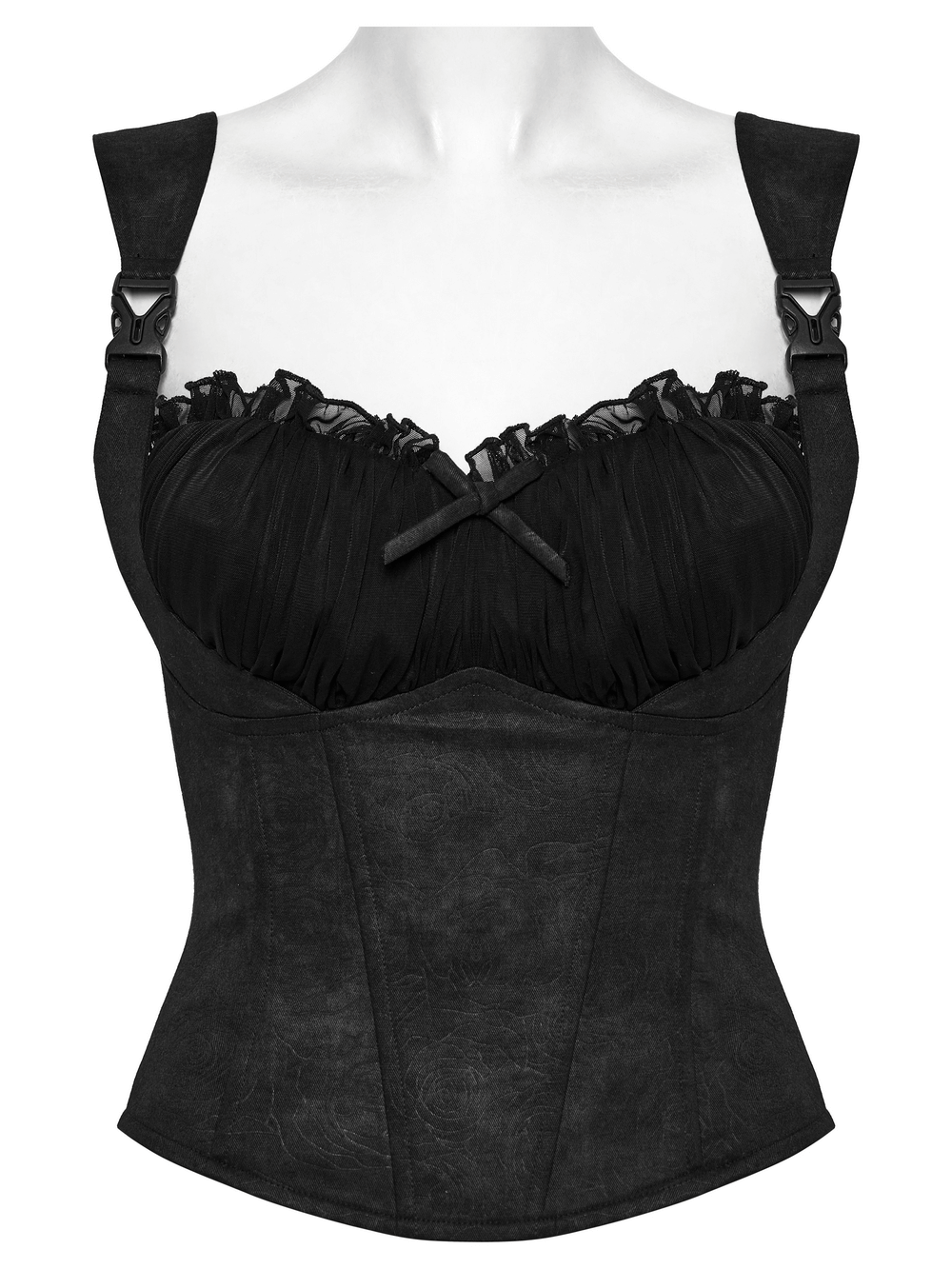 Black goth corset cami with adjustable straps and zipper, perfect for an edgy fashion statement.