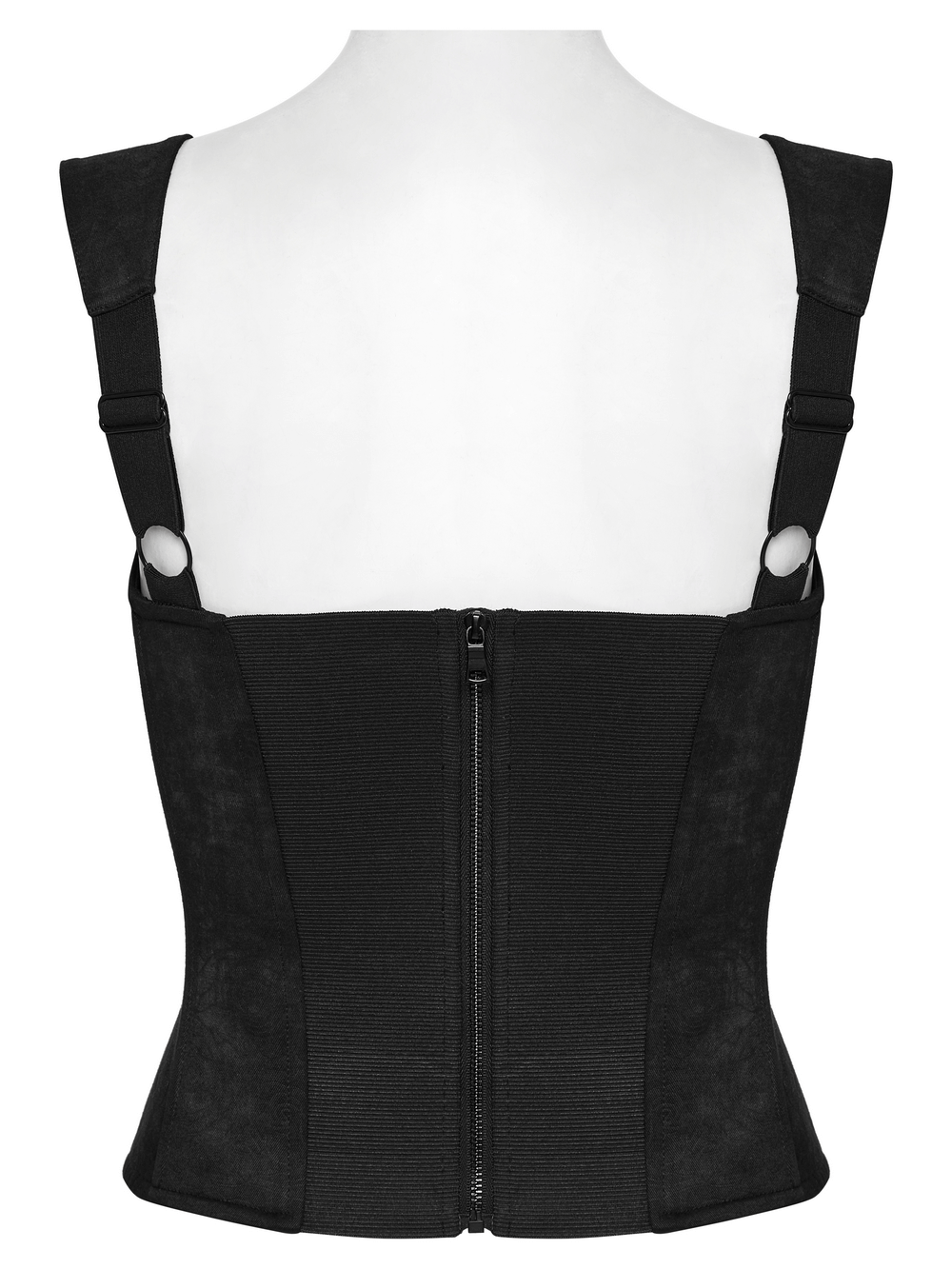 Back view of a black goth corset cami featuring adjustable straps and a sleek zipper design.