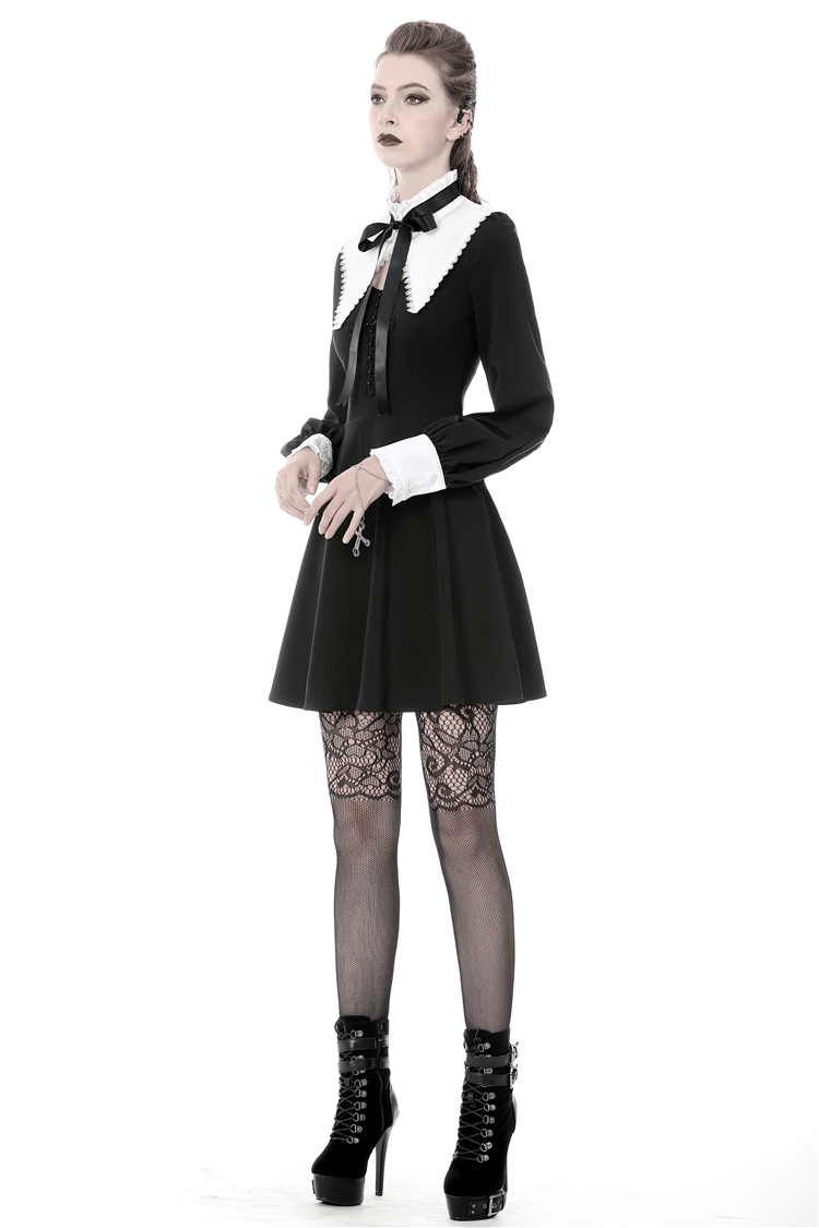 Black Goth Dress with White Lace Collar and Sleeves