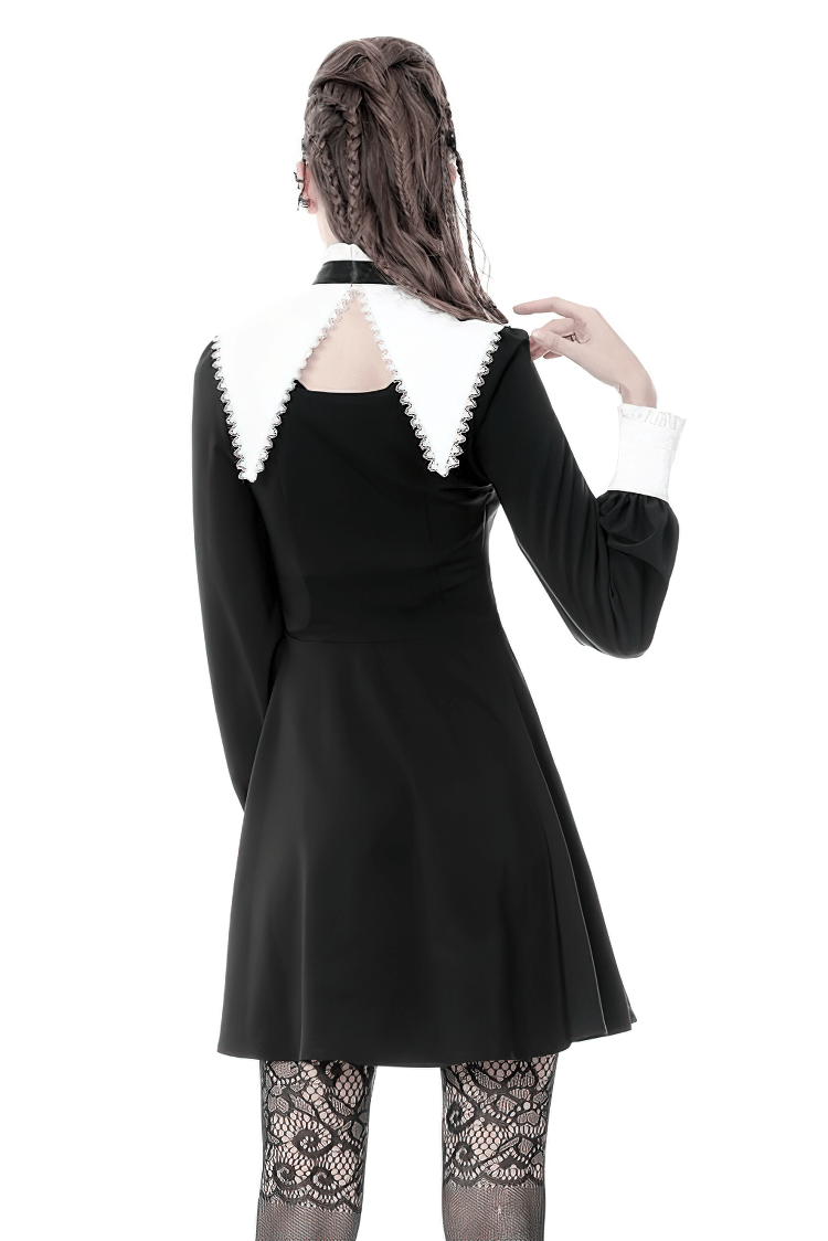 Black Goth Dress with White Lace Collar and Sleeves