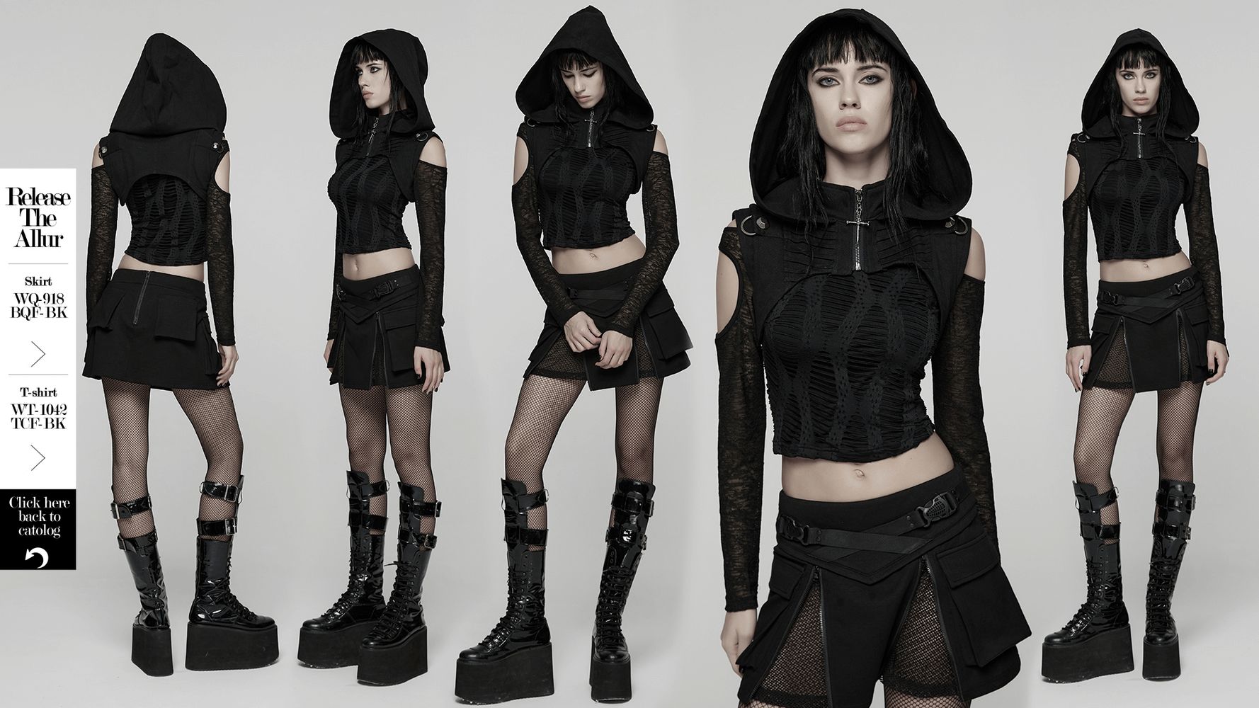 Black Goth Hooded Capelet with Zipper and Stud Details showcased on a model against a monochrome backdrop.