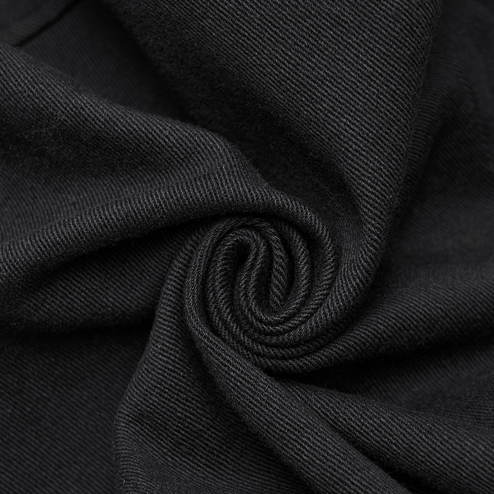 Black Goth Hooded Capelet with Zipper and Stud Details fabric detail showcasing soft, stretchy denim texture.