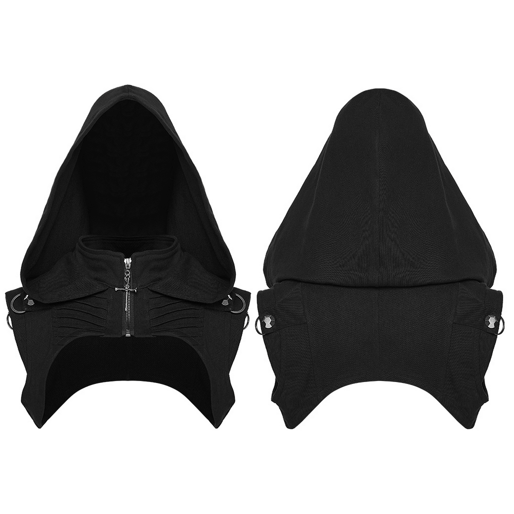 Black Goth Hooded Capelet with Zipper and Stud Details front and back views showcasing hood and zipper features.