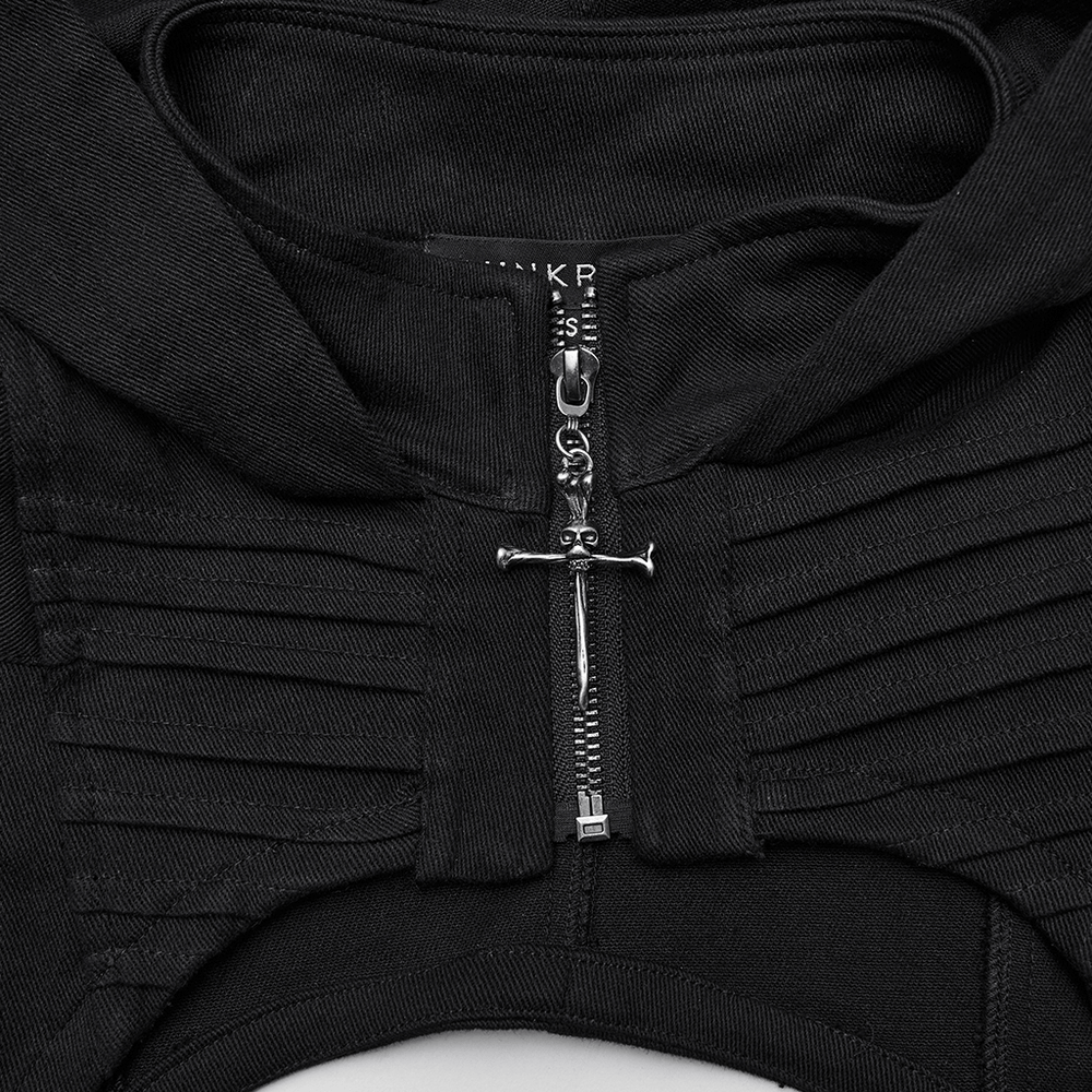 Black Goth Hooded Capelet with Zipper and Stud Details showcasing pleated front and striking hood.