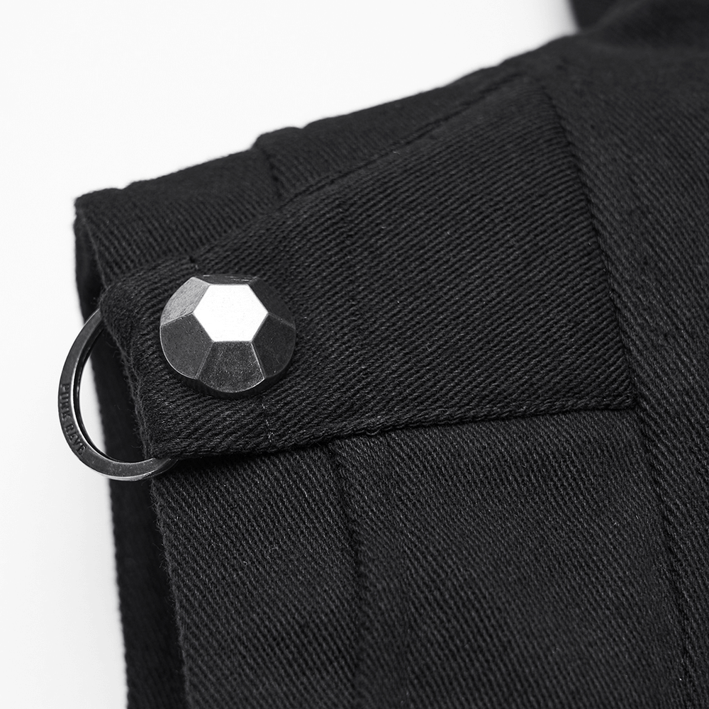 Close-up of Black Goth Hooded Capelet with Zipper and Stud Details featuring polygonal stud and shoulder overlay.