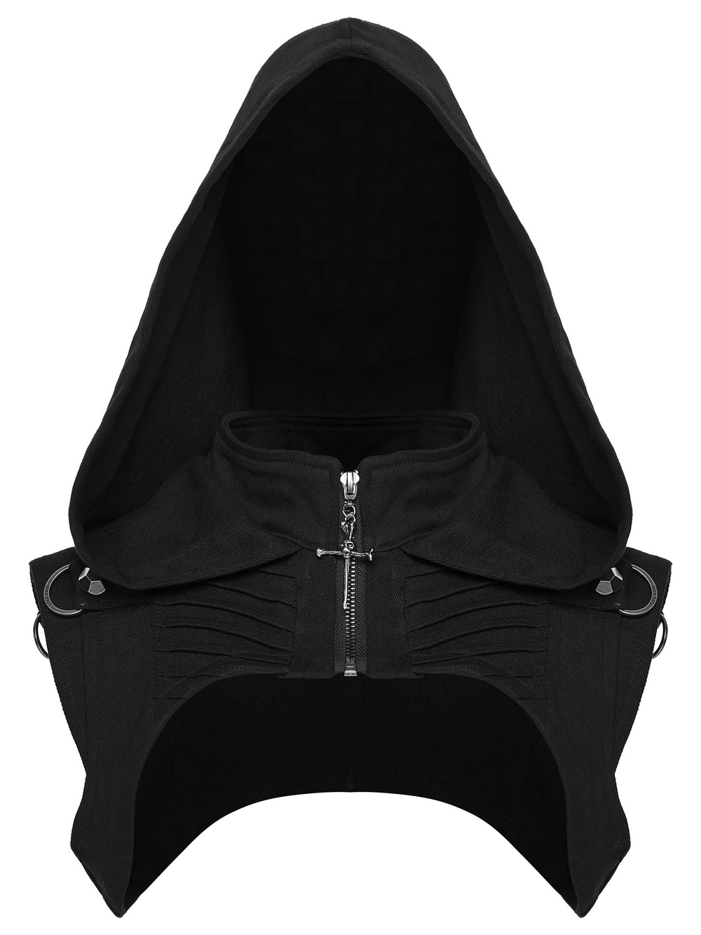 Black Goth Hooded Capelet with Zipper and Stud Details featuring a bold hood and pleated front design.