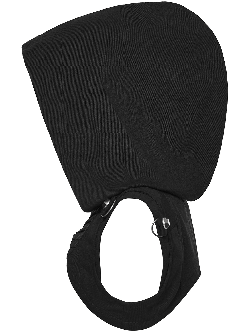 Black Goth Hooded Capelet with Zipper and Stud Details showing the dramatic hood and stand collar design.