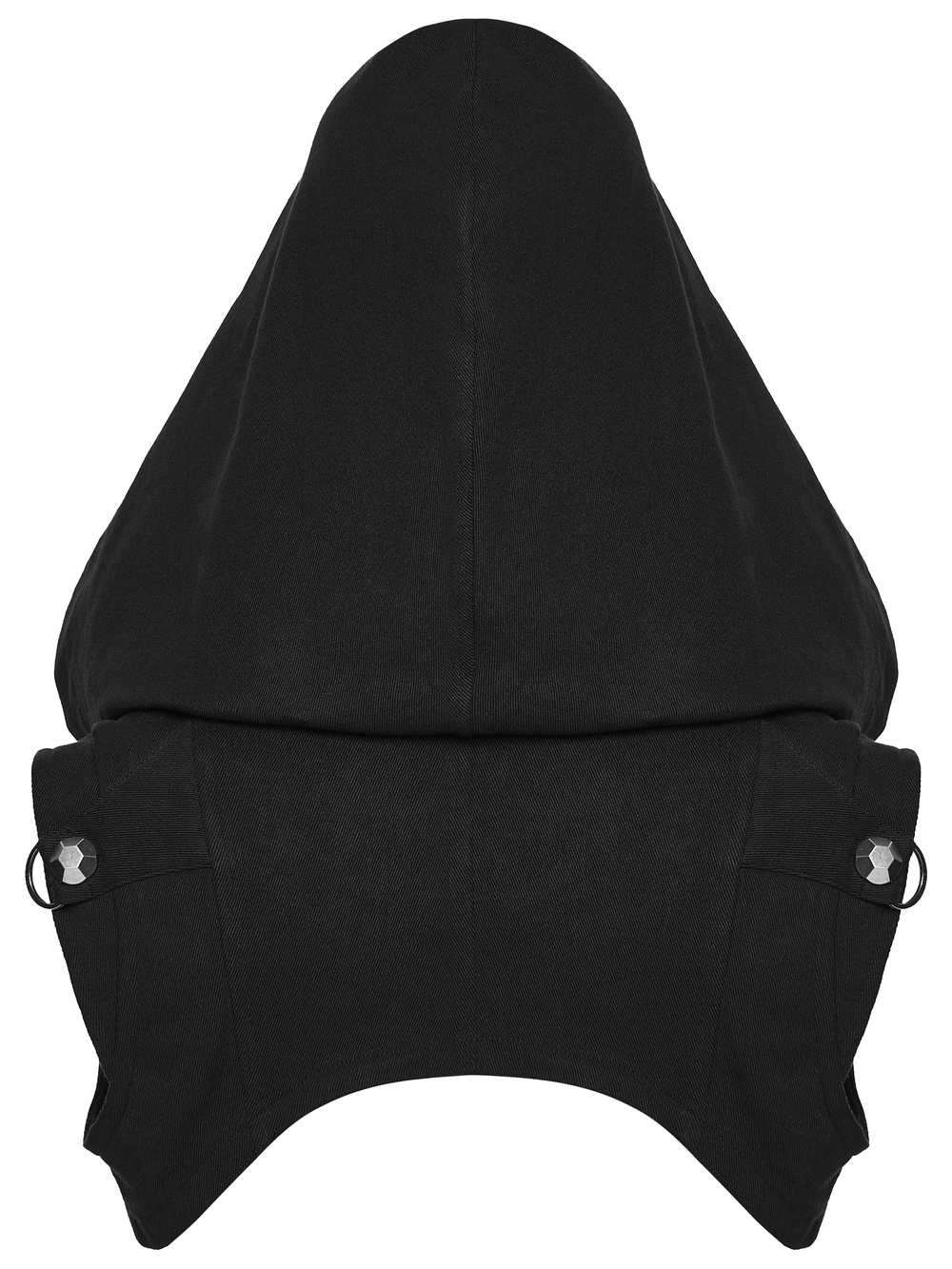 Black Goth Hooded Capelet with Zipper and Stud Details showcasing a dramatic hood and stylish design features.