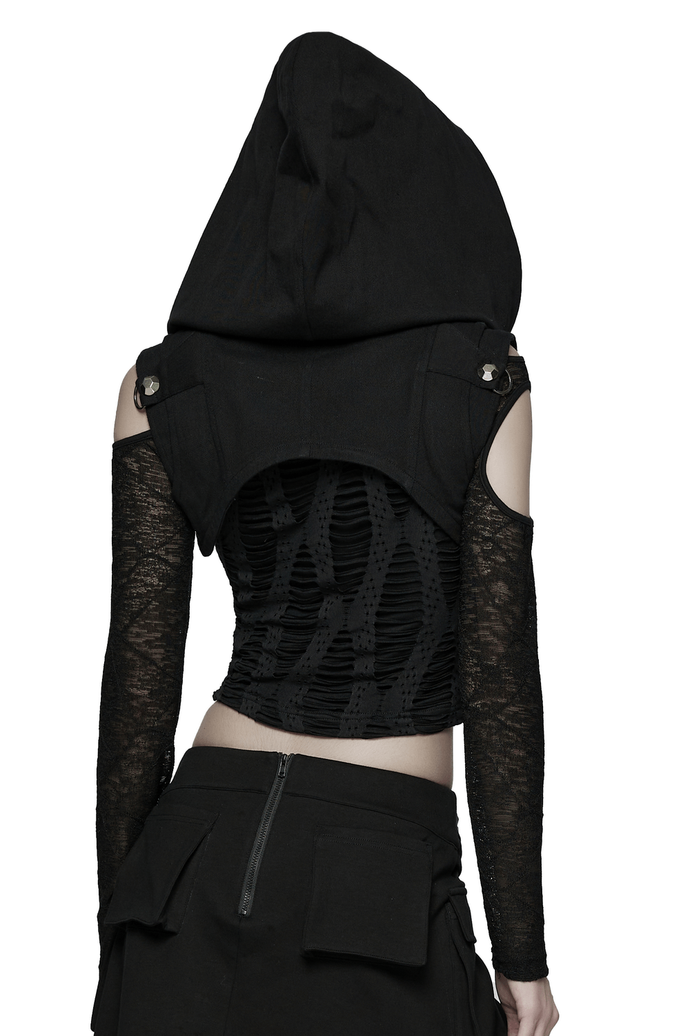 Black Goth Hooded Capelet with Zipper and Stud Details showcasing the unique hood and detailed design.