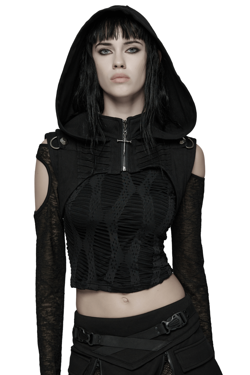 Black Goth Hooded Capelet with Zipper and Stud Details worn by model with edgy hairstyle.