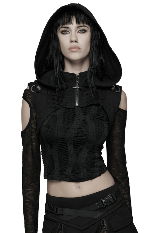 Schwarzes gotisches Kapuzen-Cape mit Reißverschluss und Nieten-Details