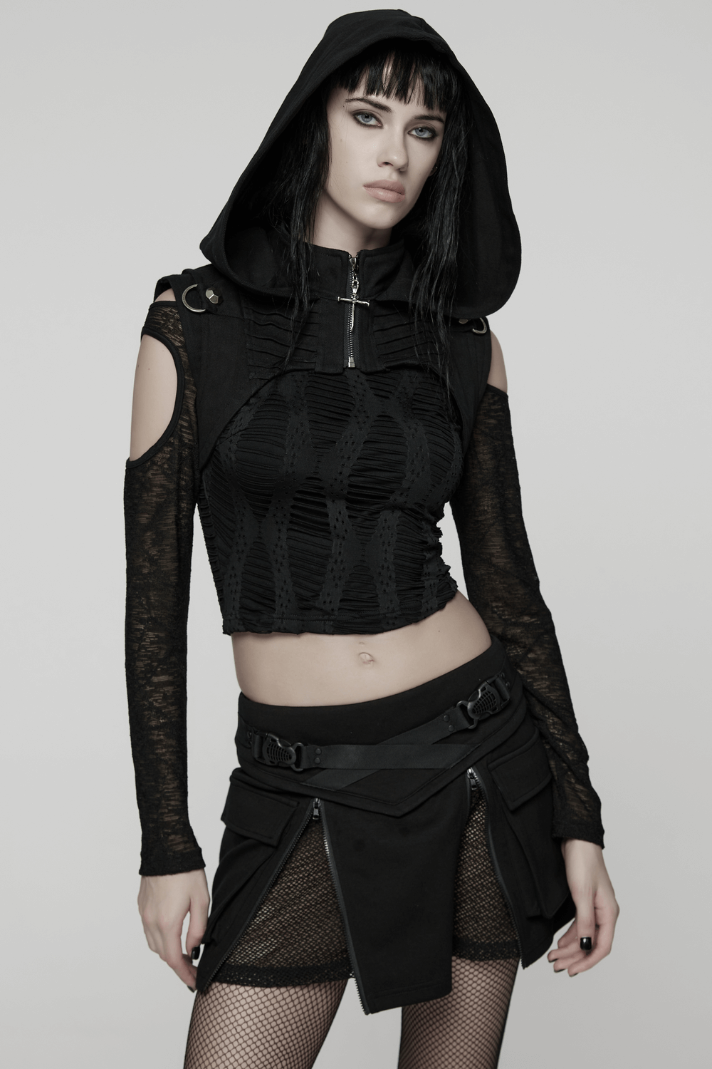 Black Goth Hooded Capelet with Zipper and Stud Details worn by a model, showcasing its edgy design and goth style.