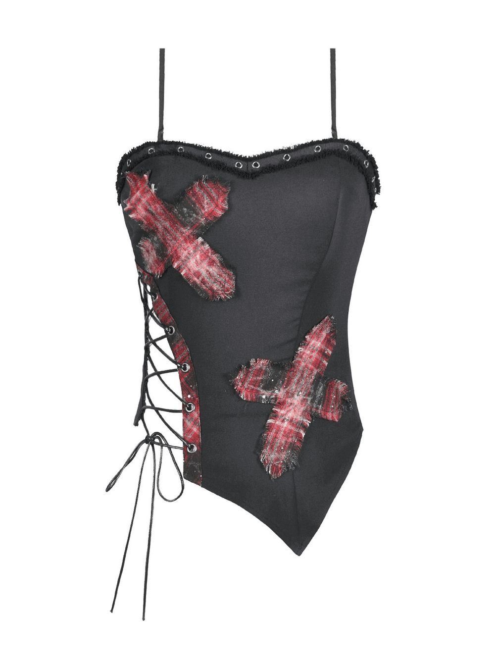 Black Goth Punk Plaid Patch Top with Side Lace Up featuring red tartan crosses and lace-up details for a fierce look.