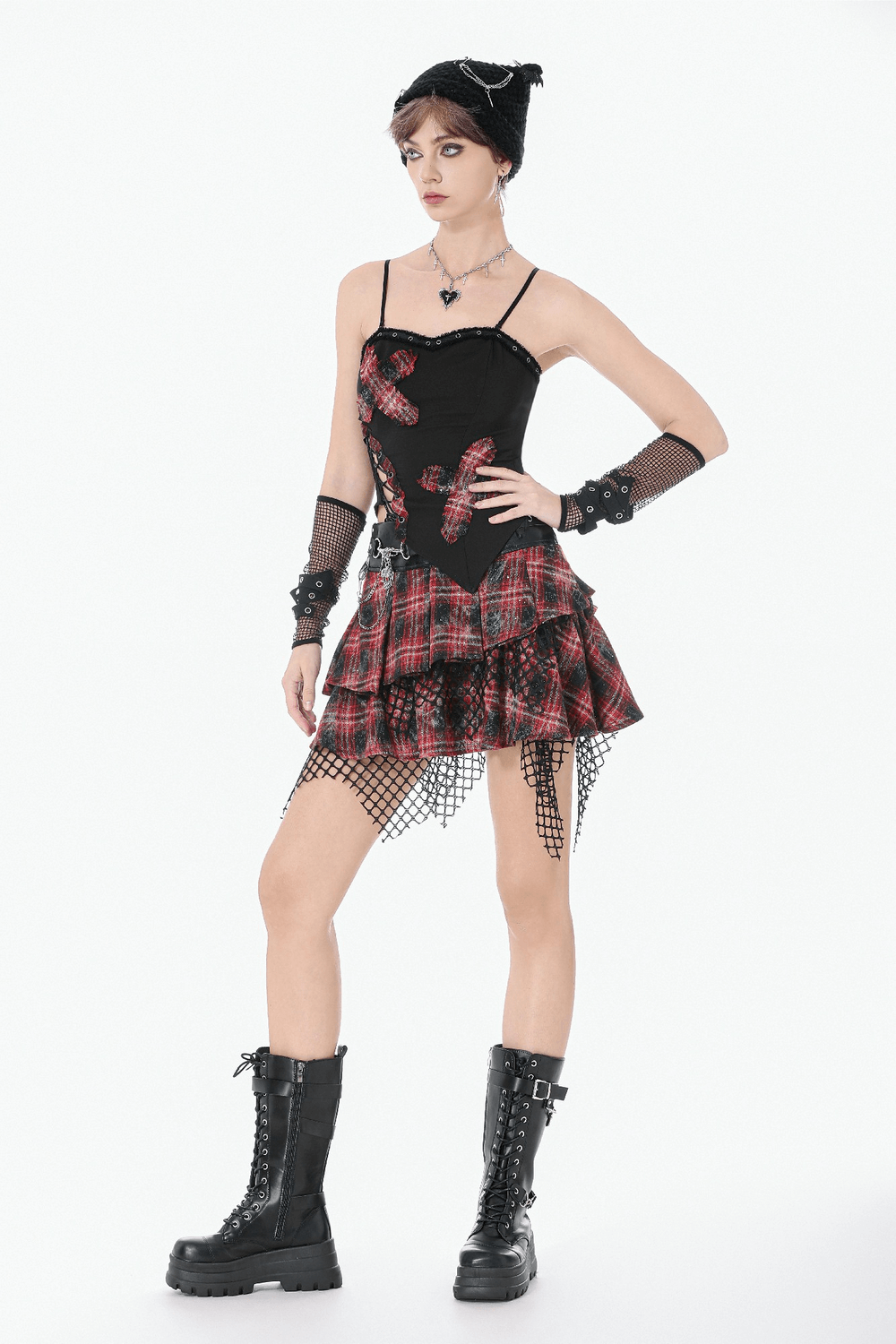 Black Goth Punk Plaid Patch Top with Side Lace Up worn by model with fishnets and combat boots.