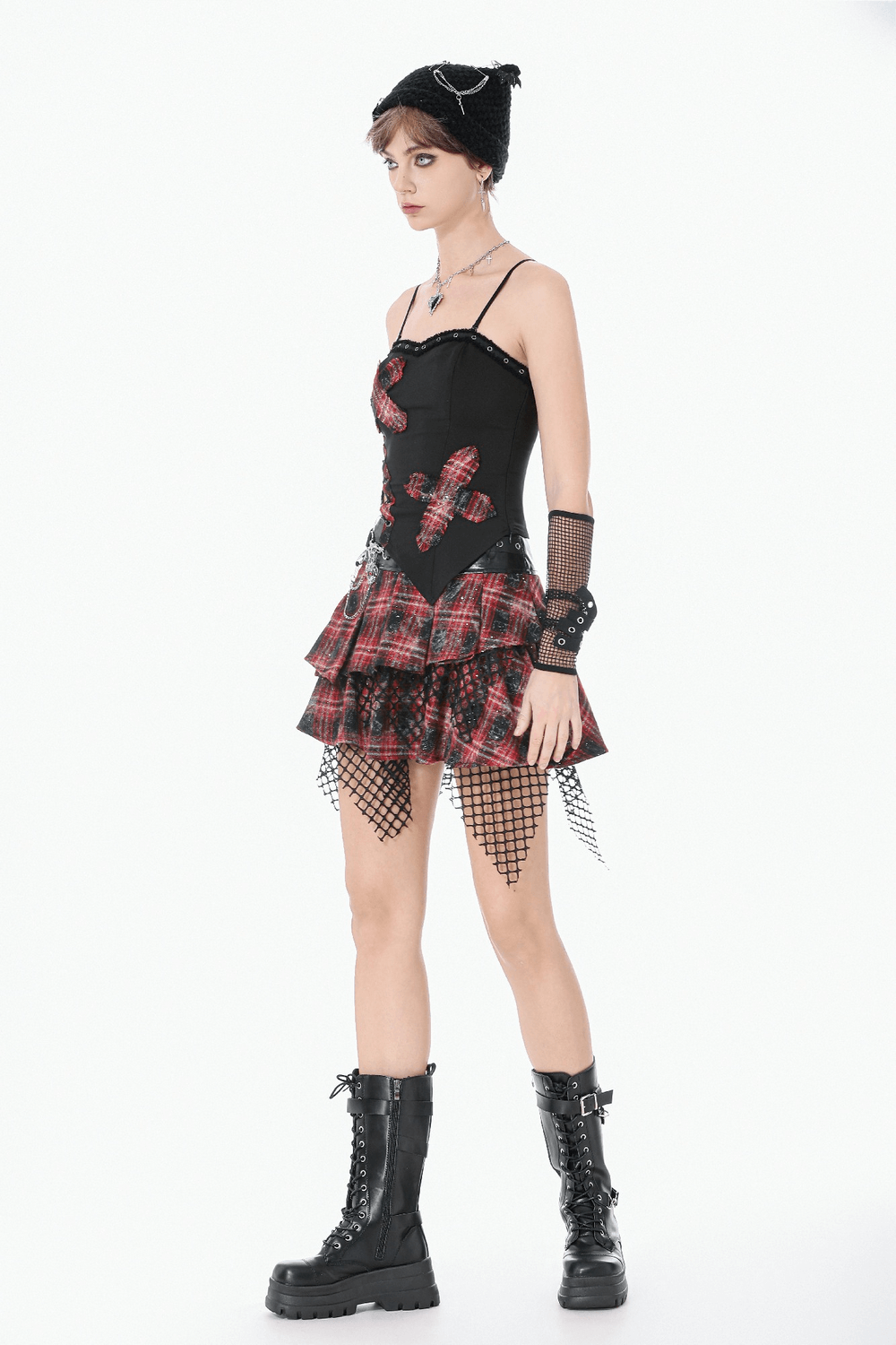 Black Goth Punk Plaid Patch Top with Side Lace Up worn with a frilly plaid skirt and combat boots for a fierce look.