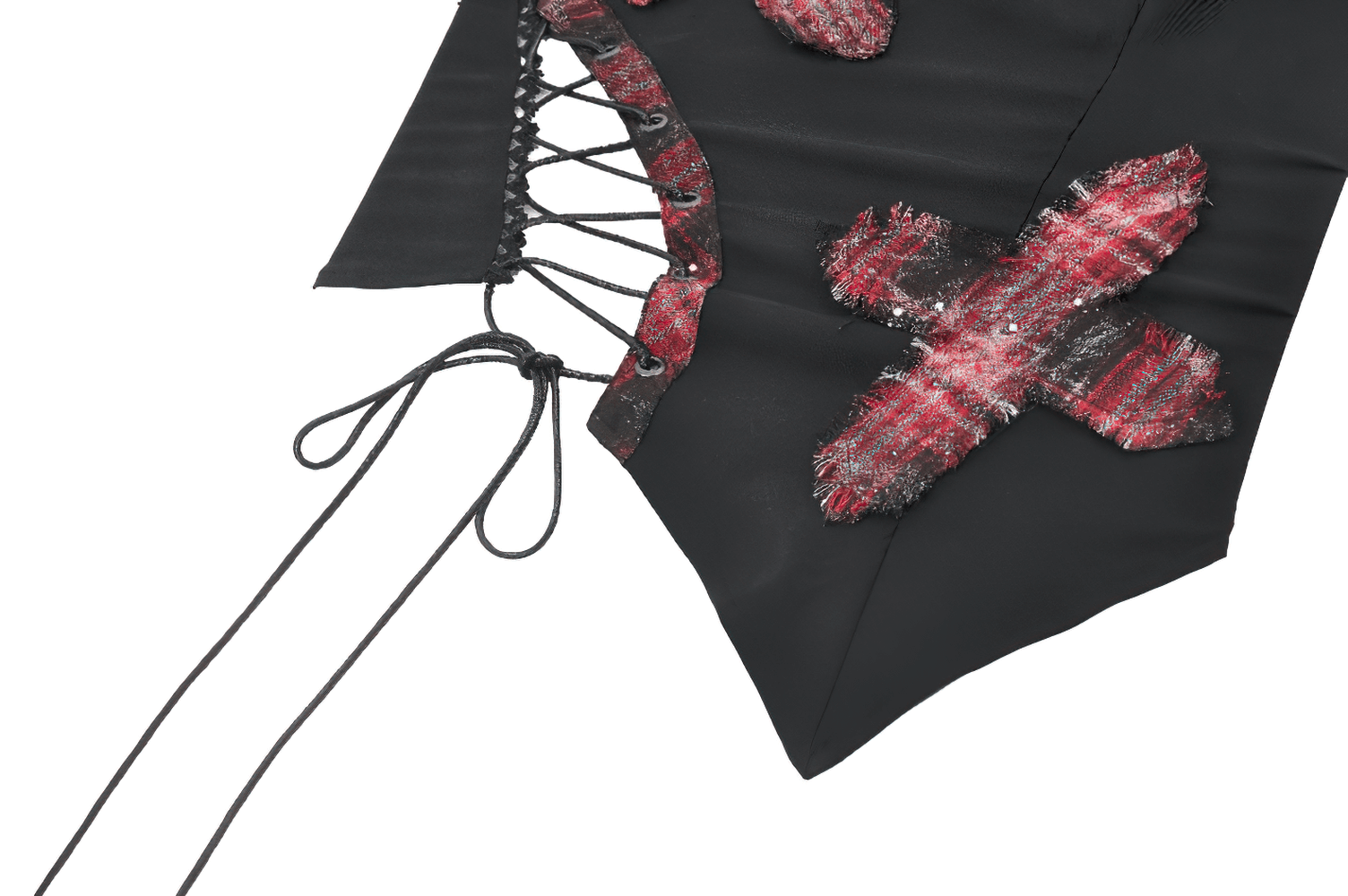 Black Goth Punk Plaid Patch Top with Side Lace Up showing lace-up detail and bold red tartan patches.