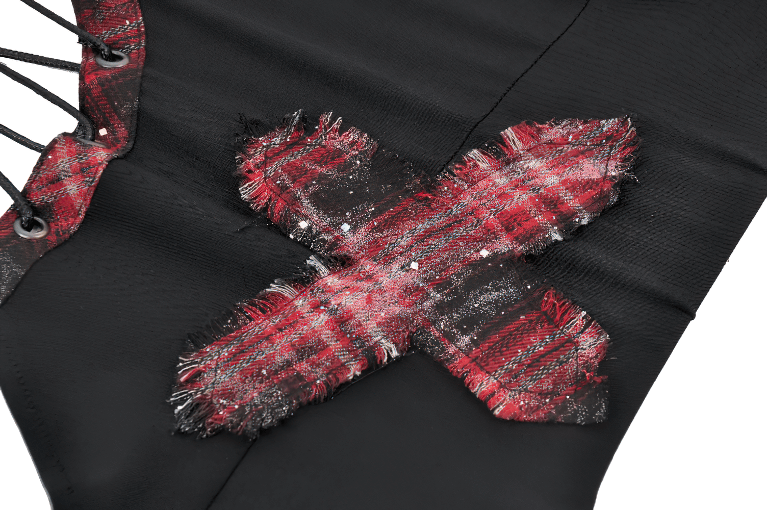 Black Goth Punk Plaid Patch Top with Side Lace Up featuring red tartan cross patch detail and side lace-up accent.