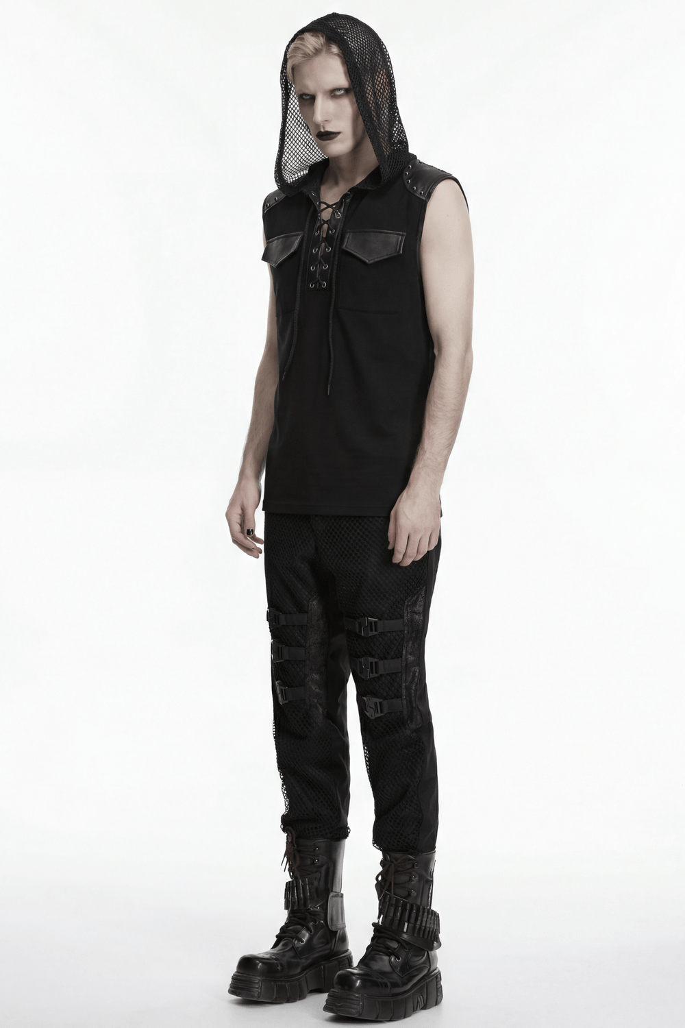 Black Goth Sleeveless Hooded Top With Lace-Up Front