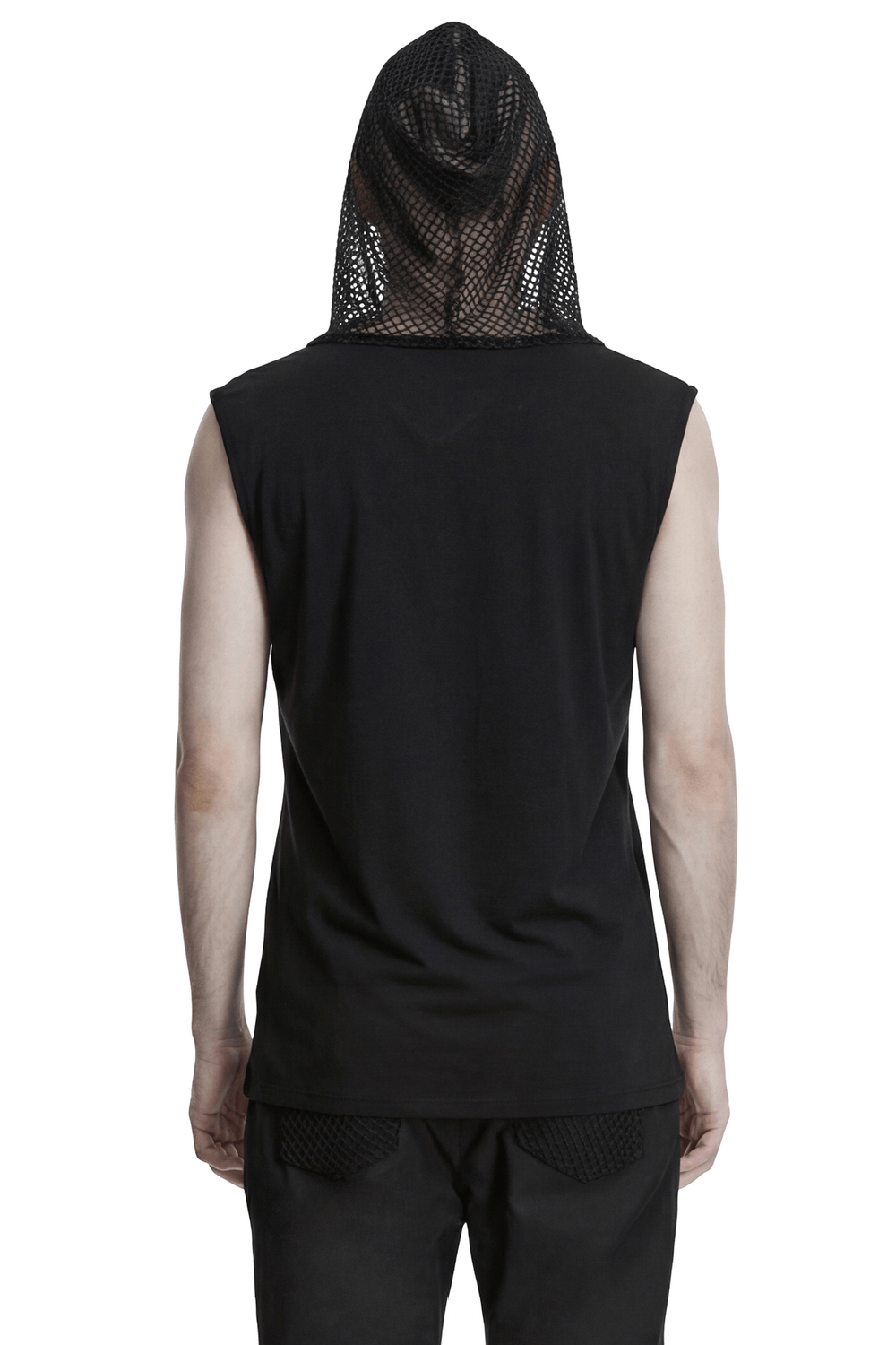 Black Goth Sleeveless Hooded Top With Lace-Up Front