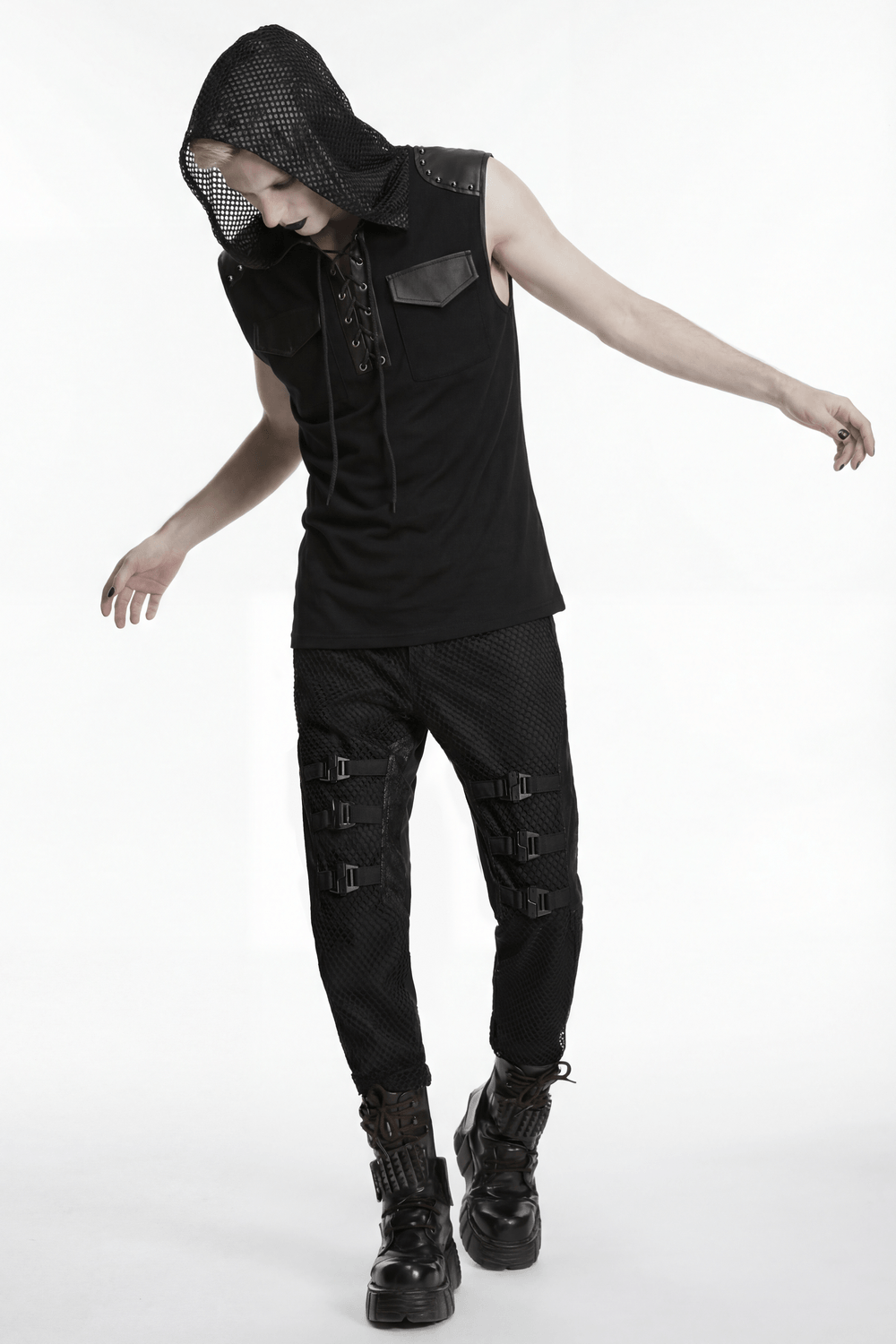 Black Goth Sleeveless Hooded Top With Lace-Up Front