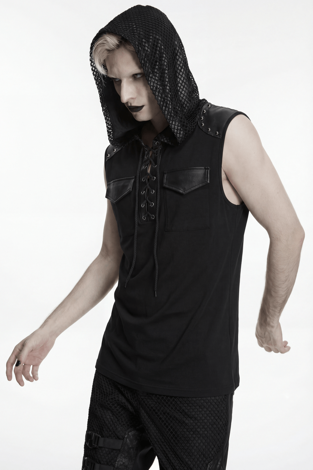 Black Goth Sleeveless Hooded Top With Lace-Up Front