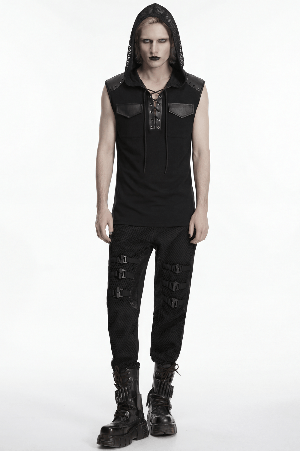 Black Goth Sleeveless Hooded Top With Lace-Up Front