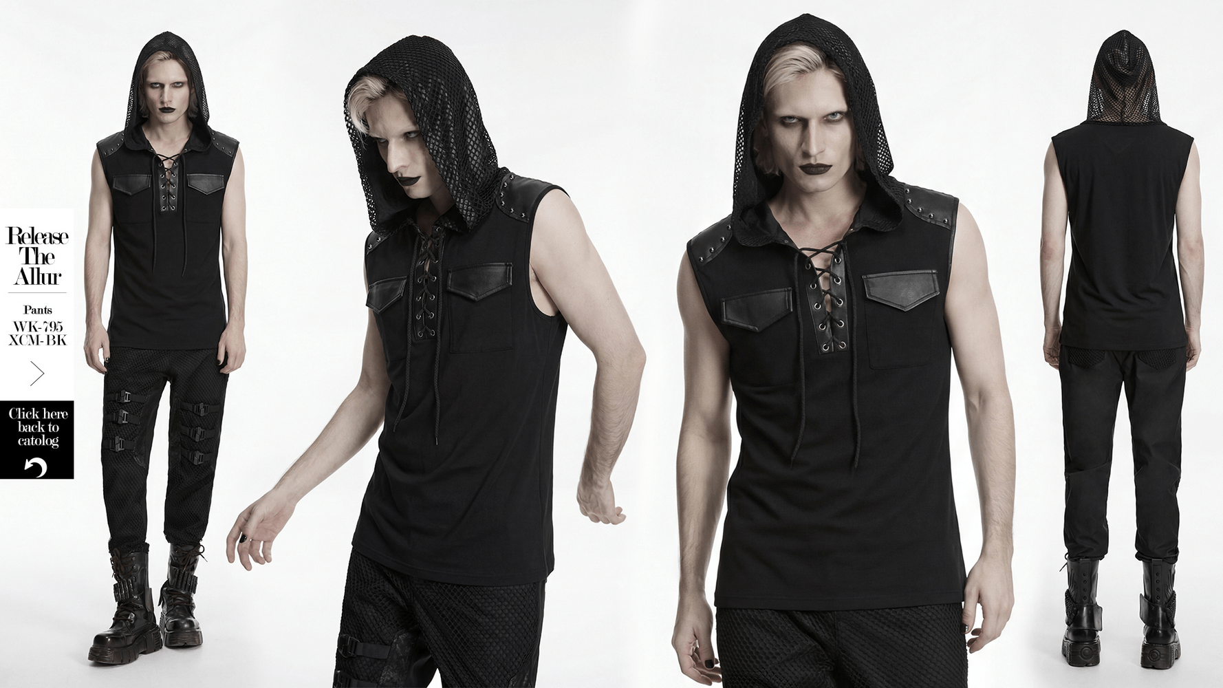 Black Goth Sleeveless Hooded Top With Lace-Up Front
