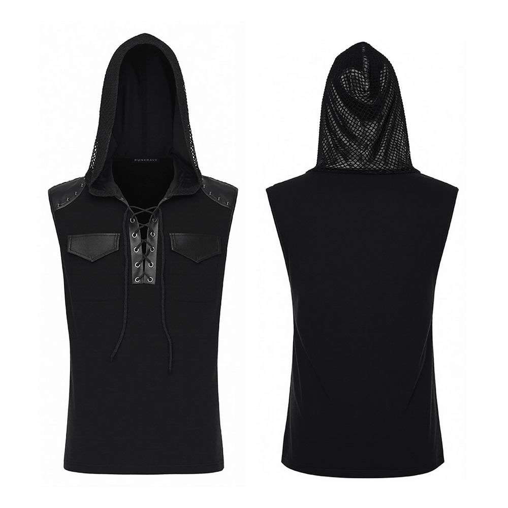 Black Goth Sleeveless Hooded Top With Lace-Up Front