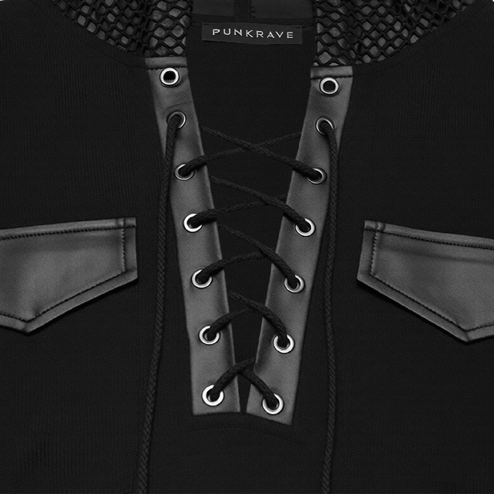 Black Goth Sleeveless Hooded Top With Lace-Up Front