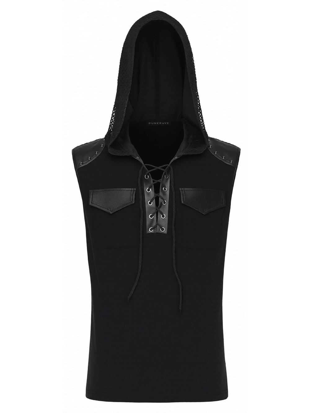 Black Goth Sleeveless Hooded Top With Lace-Up Front