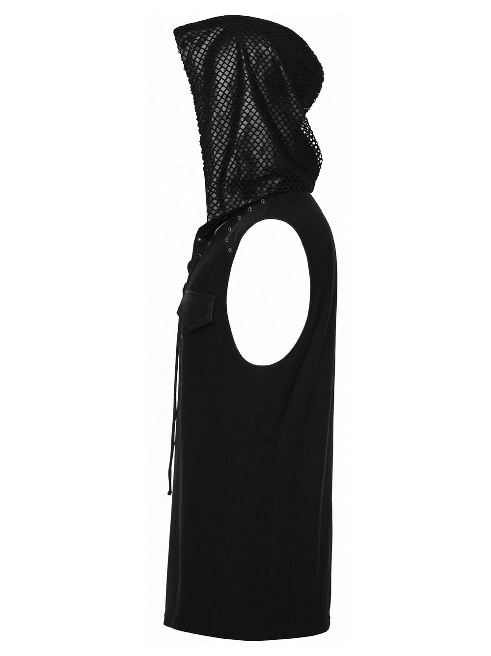Black Goth Sleeveless Hooded Top With Lace-Up Front