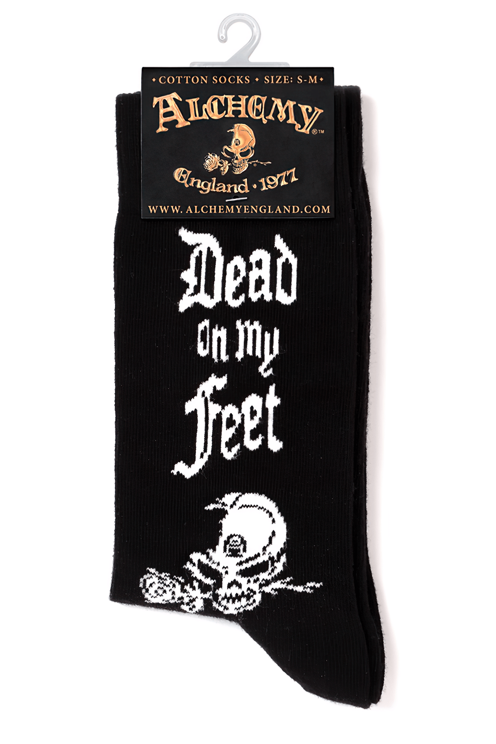 Black Gothic Alchemy socks featuring 'Dead On My Feet' slogan and skull design, perfect for alternative fashion.
