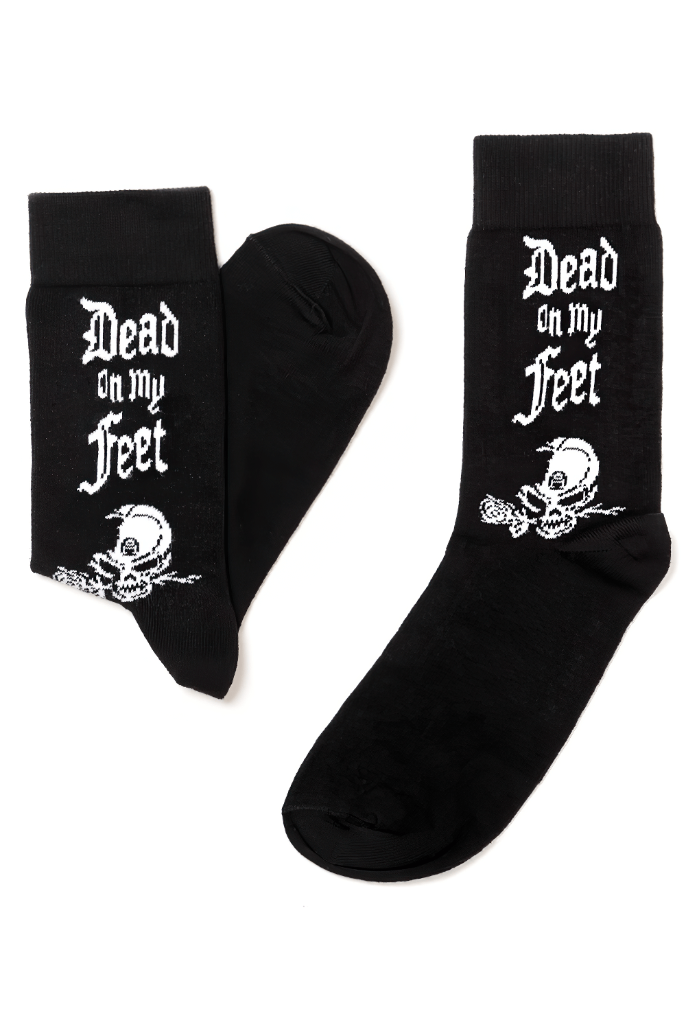 Black Gothic Alchemy socks with 'Dead On My Feet' slogan and skull design for alternative fashion lovers.