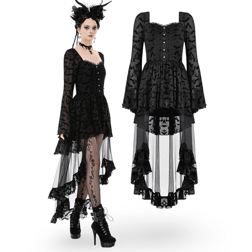 Black Gothic Bat Lace Dress with Sheer High-Low Hem worn by model with lace trim and high-low hem.