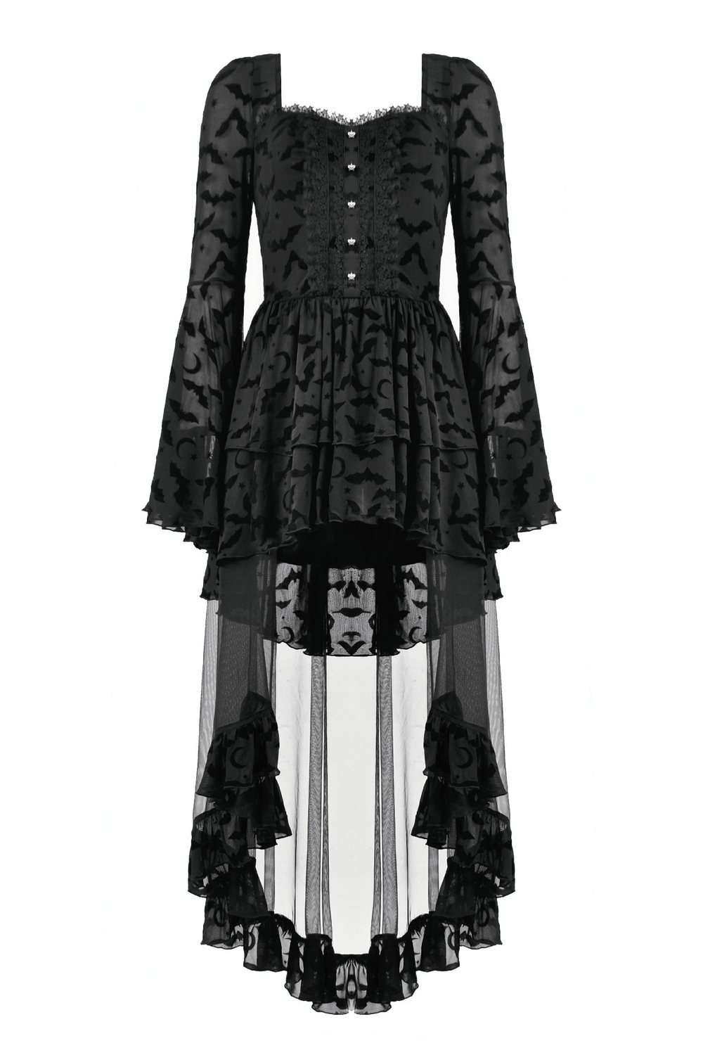 Black Gothic Bat Lace Dress with Sheer High-Low Hem featuring lace trim and velvet bat pattern.
