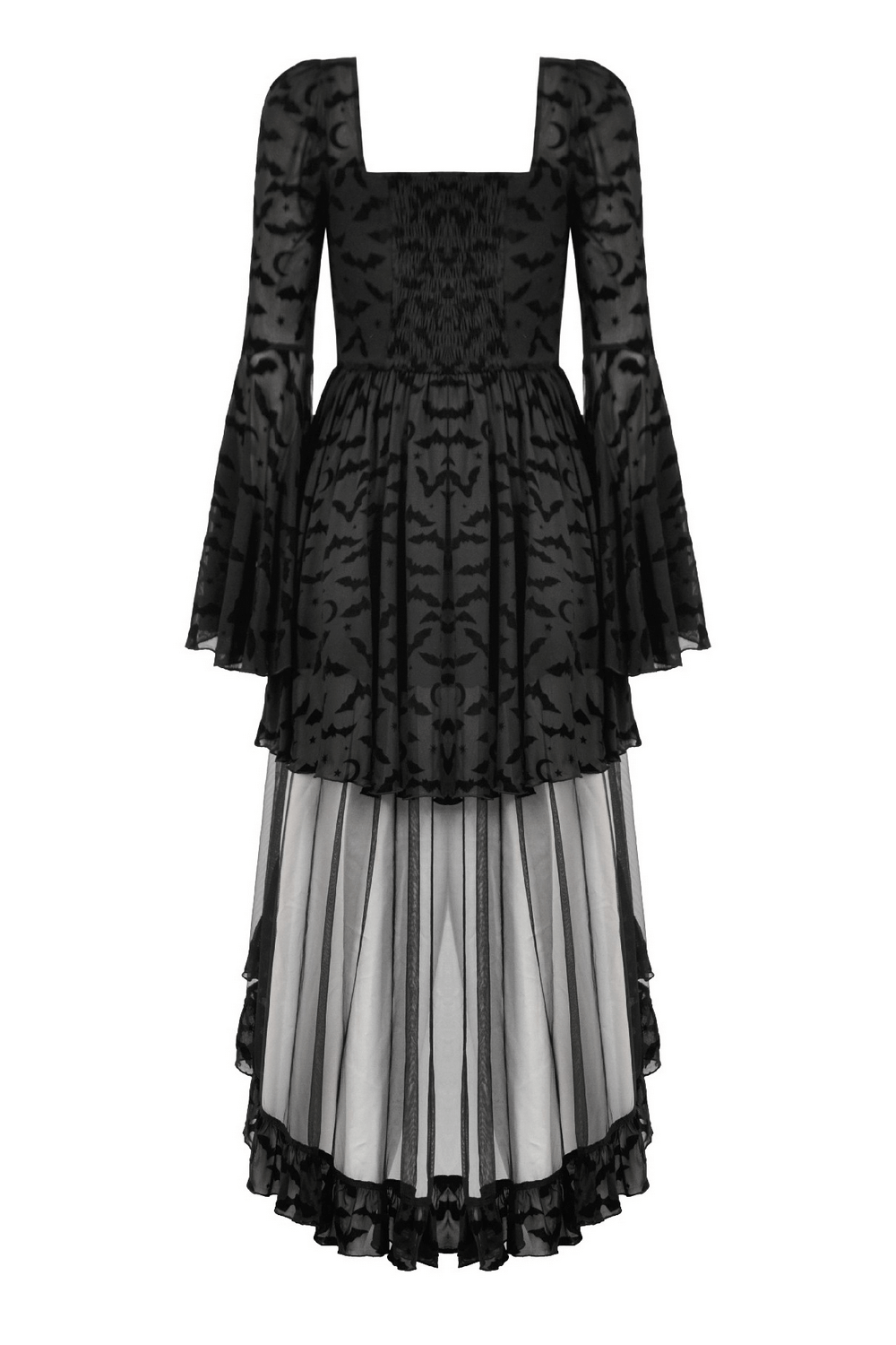 Black Gothic Bat Lace Dress with Sheer High-Low Hem showcasing a sheer layered design and elegant bell sleeves.