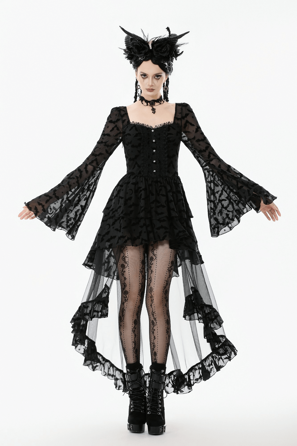 Black Gothic Bat Lace Dress with Sheer High-Low Hem featuring a bat motif and dramatic bell sleeves.