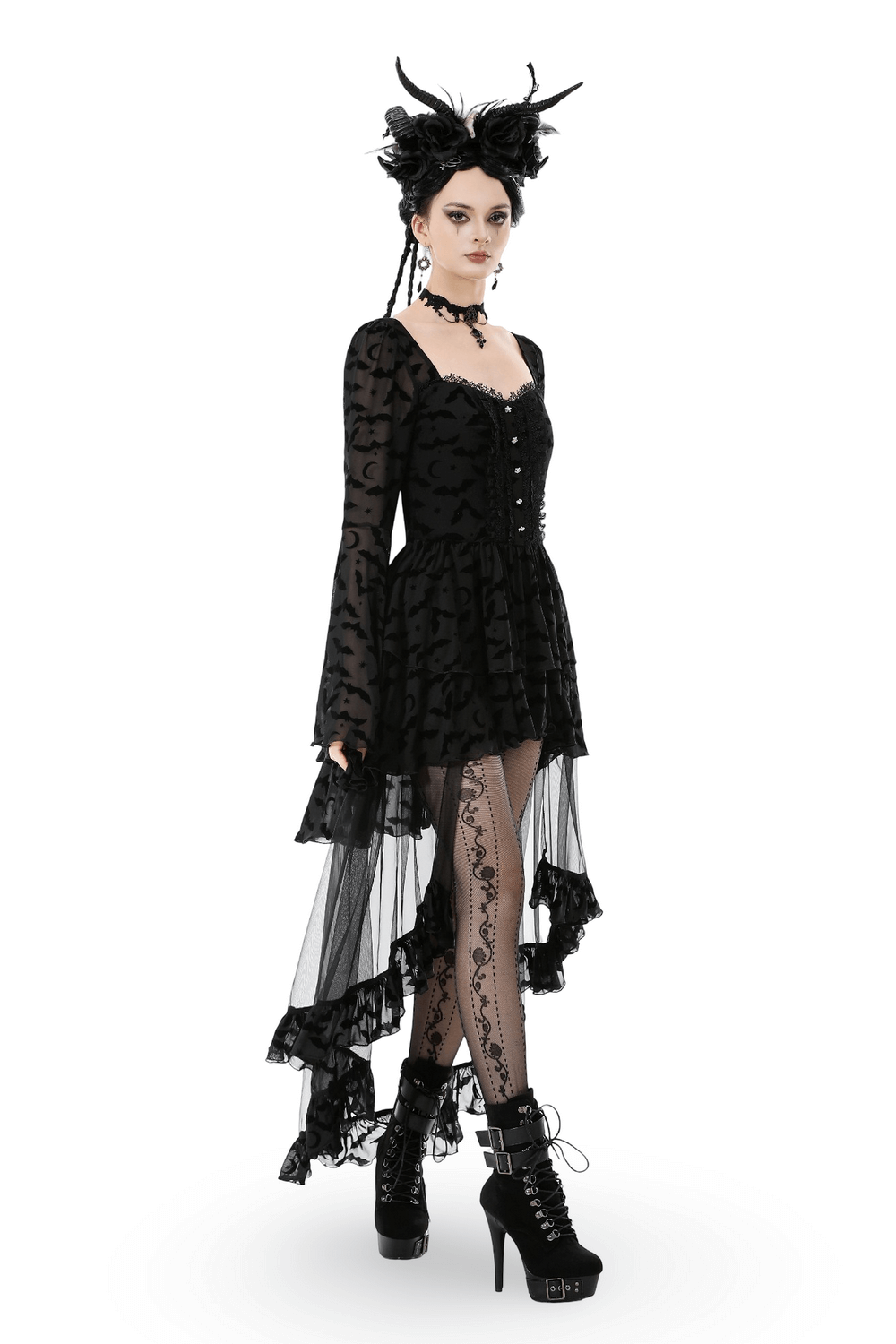 Black Gothic Bat Lace Dress with Sheer High-Low Hem styled with dramatic accessories and edgy footwear.
