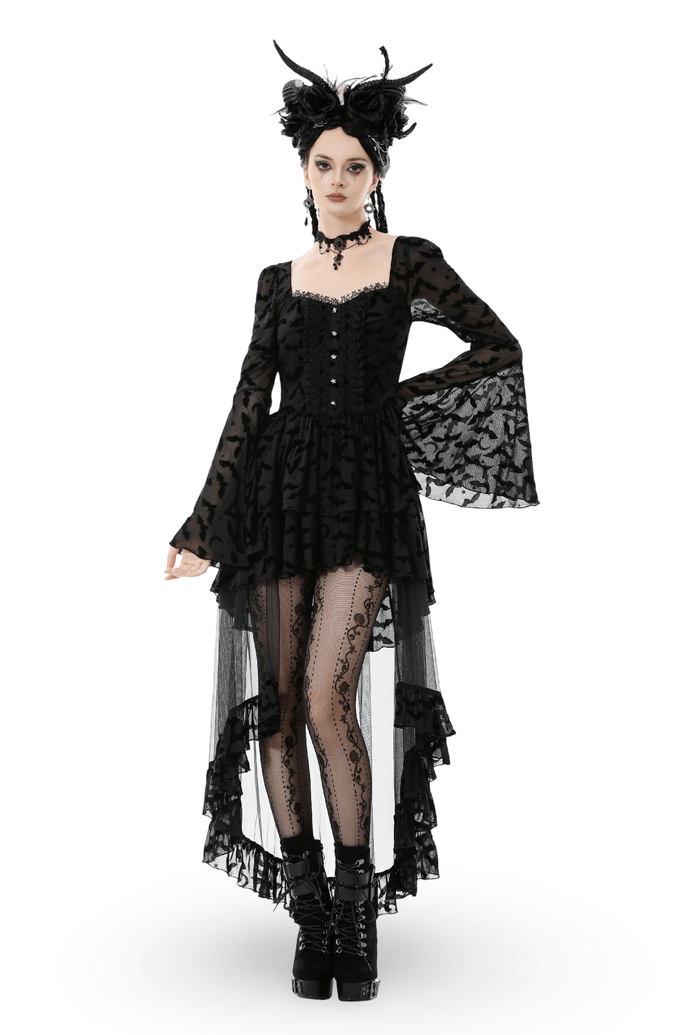 Black Gothic Bat Lace Dress with Sheer High-Low Hem styled with lace trim and bat motifs for a darkly romantic look.
