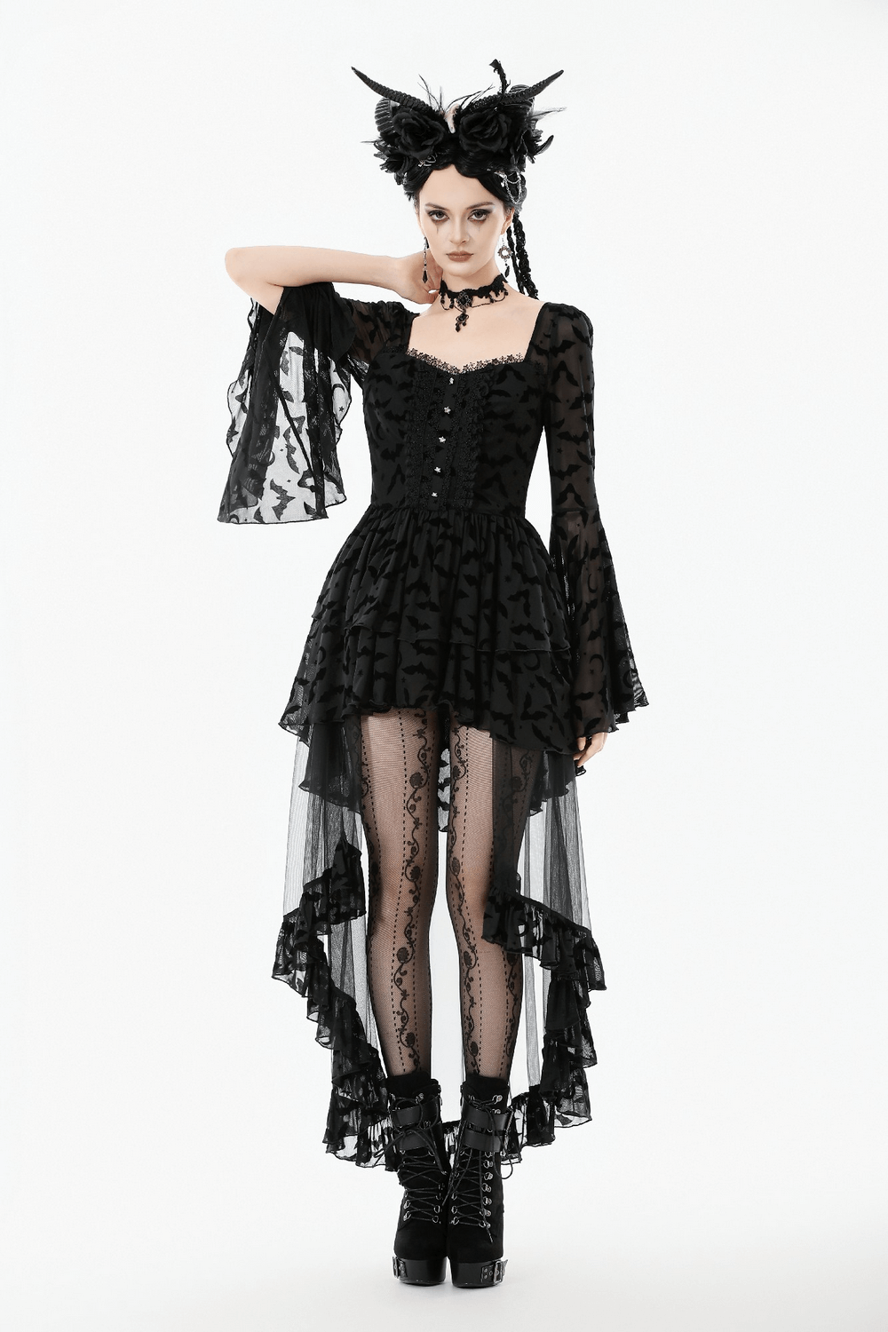 Black Gothic Bat Lace Dress with Sheer High-Low Hem showcasing bat motifs and a dramatic silhouette.