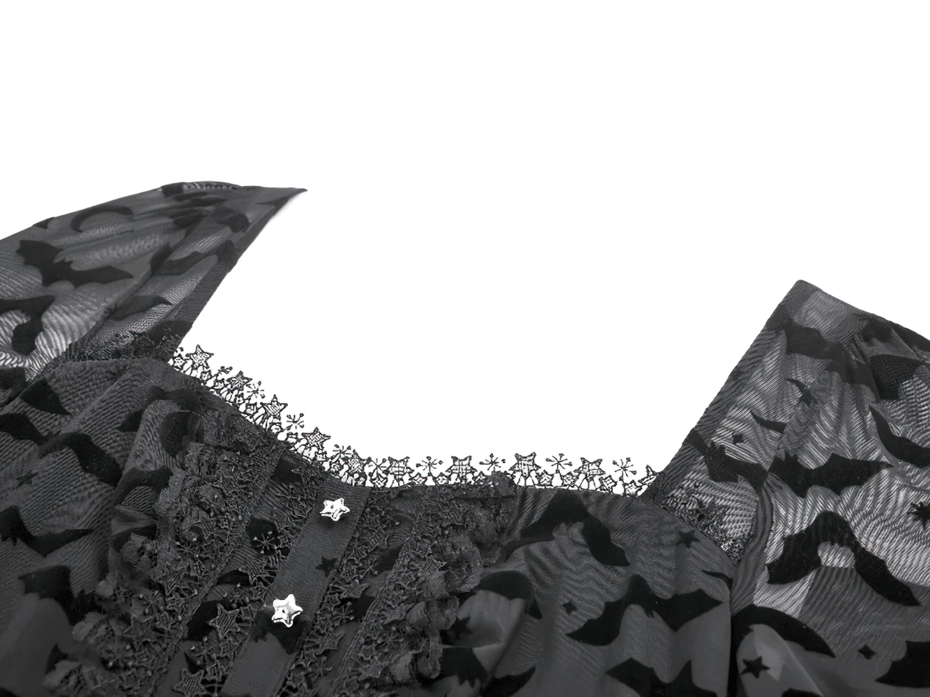 Black Gothic Bat Lace Dress with Sheer High-Low Hem showcasing intricate lace details and bat motif.