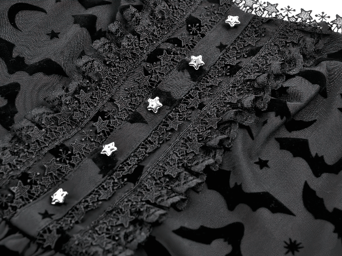 Close-up of the Black Gothic Bat Lace Dress with Sheer High-Low Hem, showcasing velvet bat pattern and lace trim details.