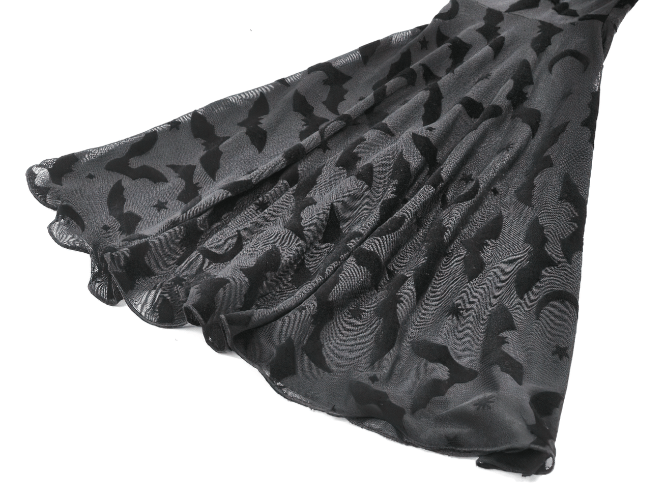 Black Gothic Bat Lace Dress with Sheer High-Low Hem showing intricate bat motif fabric details.