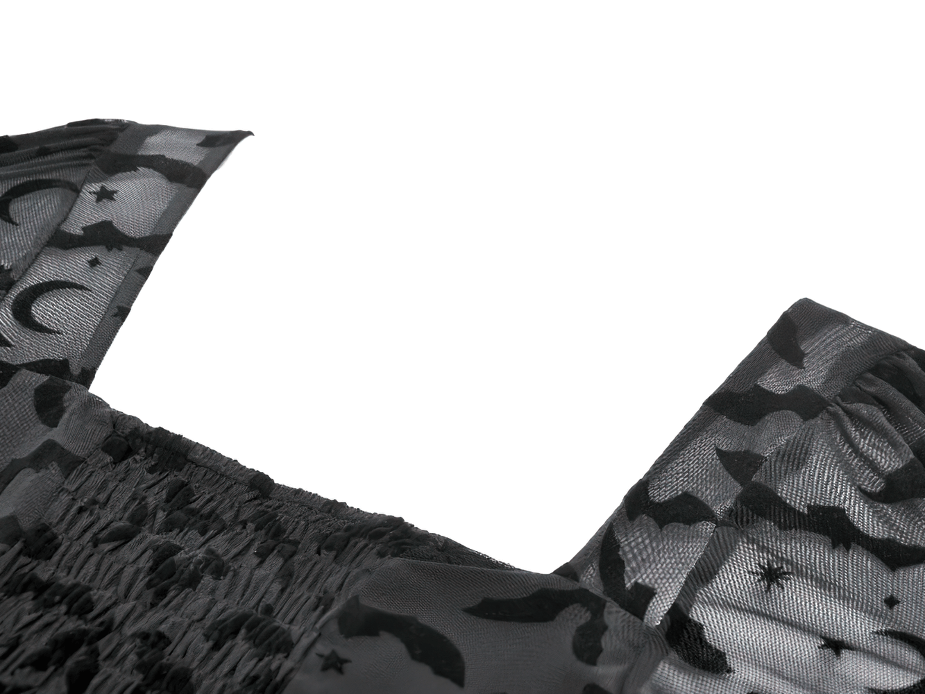 Black Gothic Bat Lace Dress with Sheer High-Low Hem showing bat pattern and sheer fabric details.