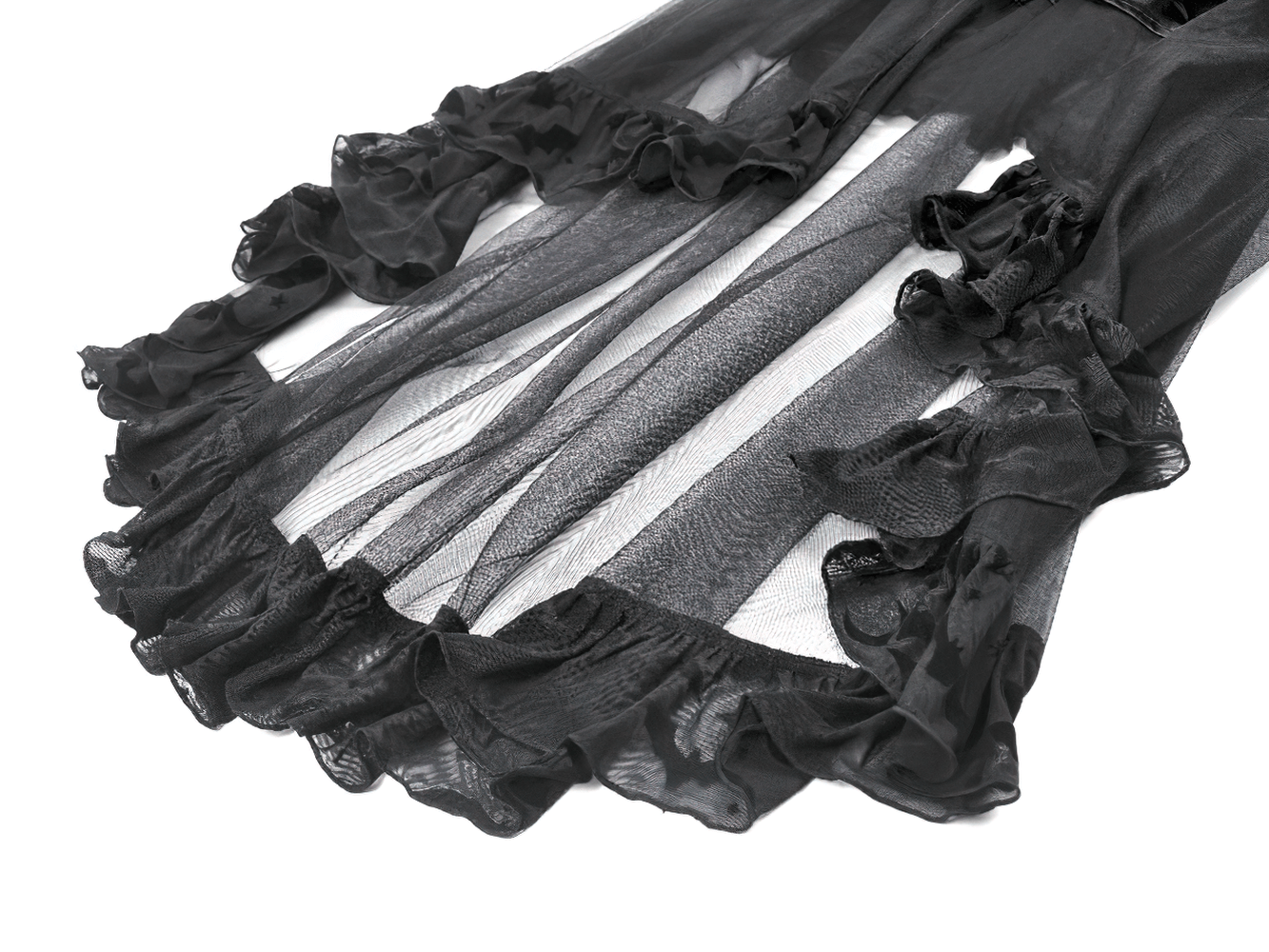 Black Gothic Bat Lace Dress with Sheer High-Low Hem detailed view of sheer ruffled hem and lace trim.