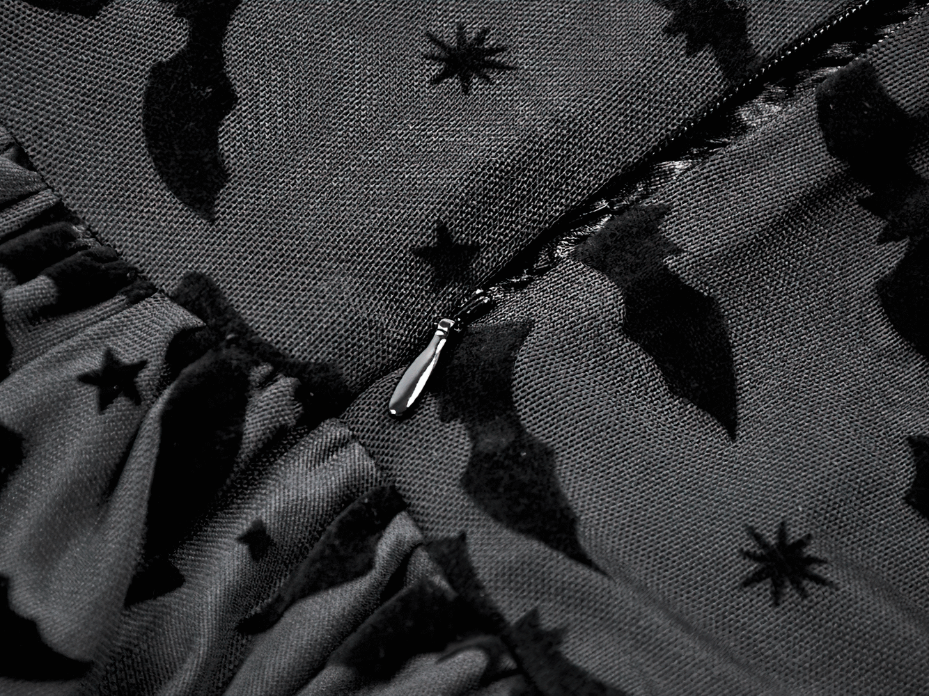 Black Gothic Bat Lace Dress with Sheer High-Low Hem close-up detailing of bat motif and zipper.