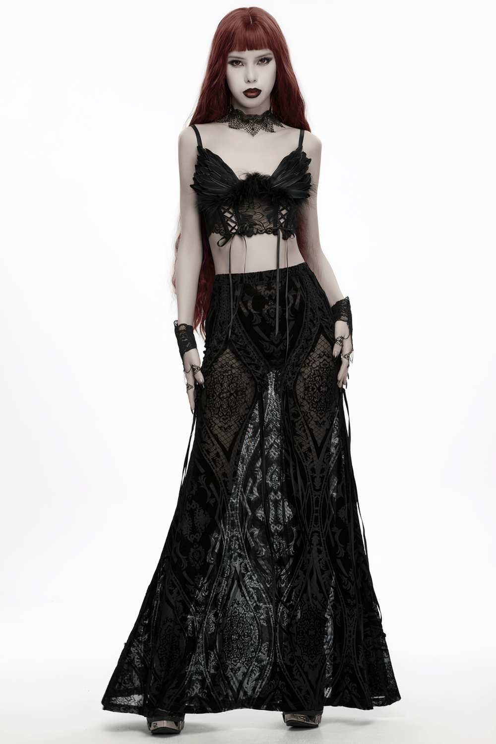Black Gothic Bat Wing Lace Choker with Crystal Drops worn with elegant gothic attire, featuring bat accents and dramatic lace design.