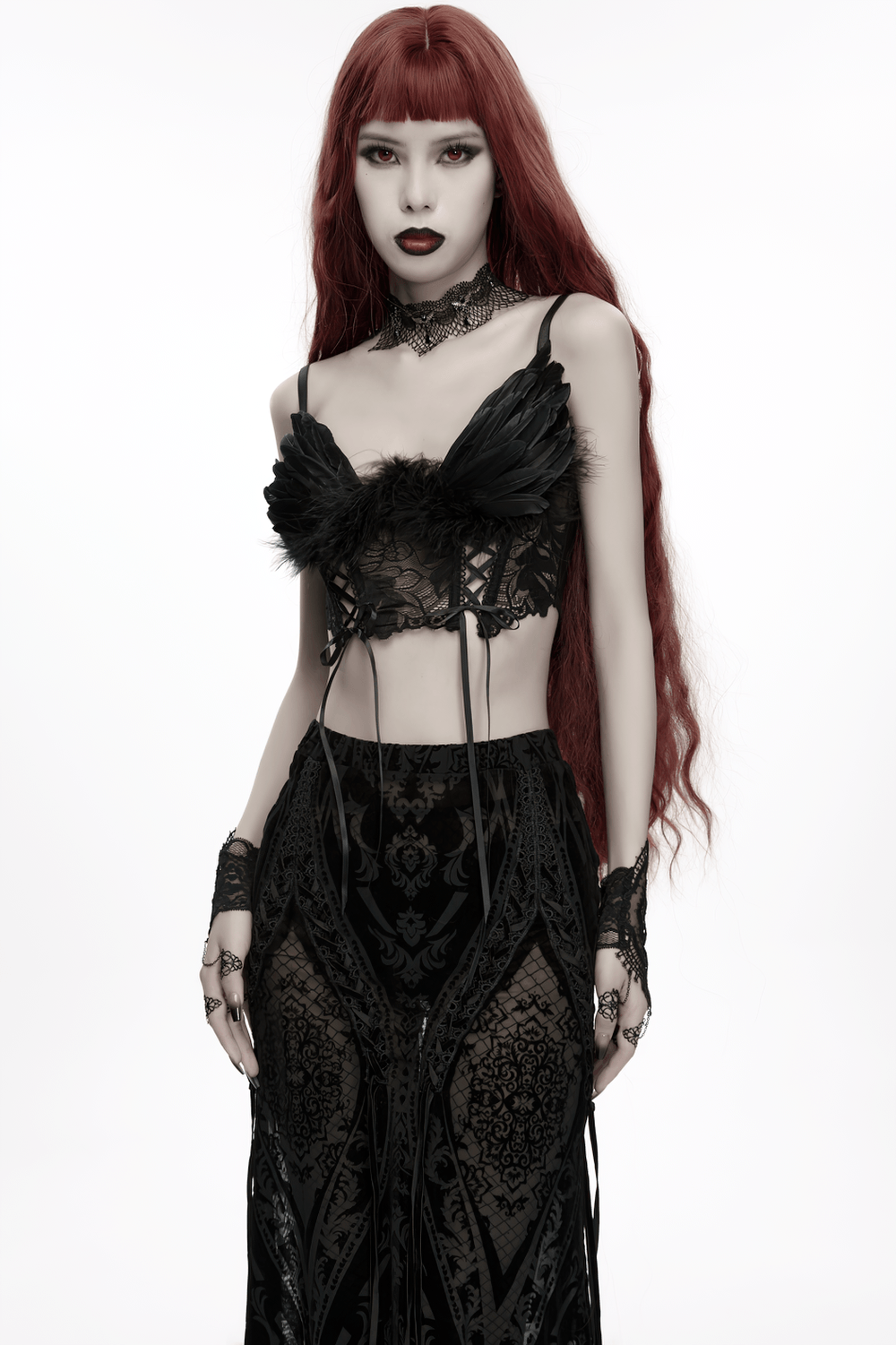 Black Gothic Bat Wing Lace Choker with Crystal Drops worn by model with red hair, showcasing a dramatic gothic look.