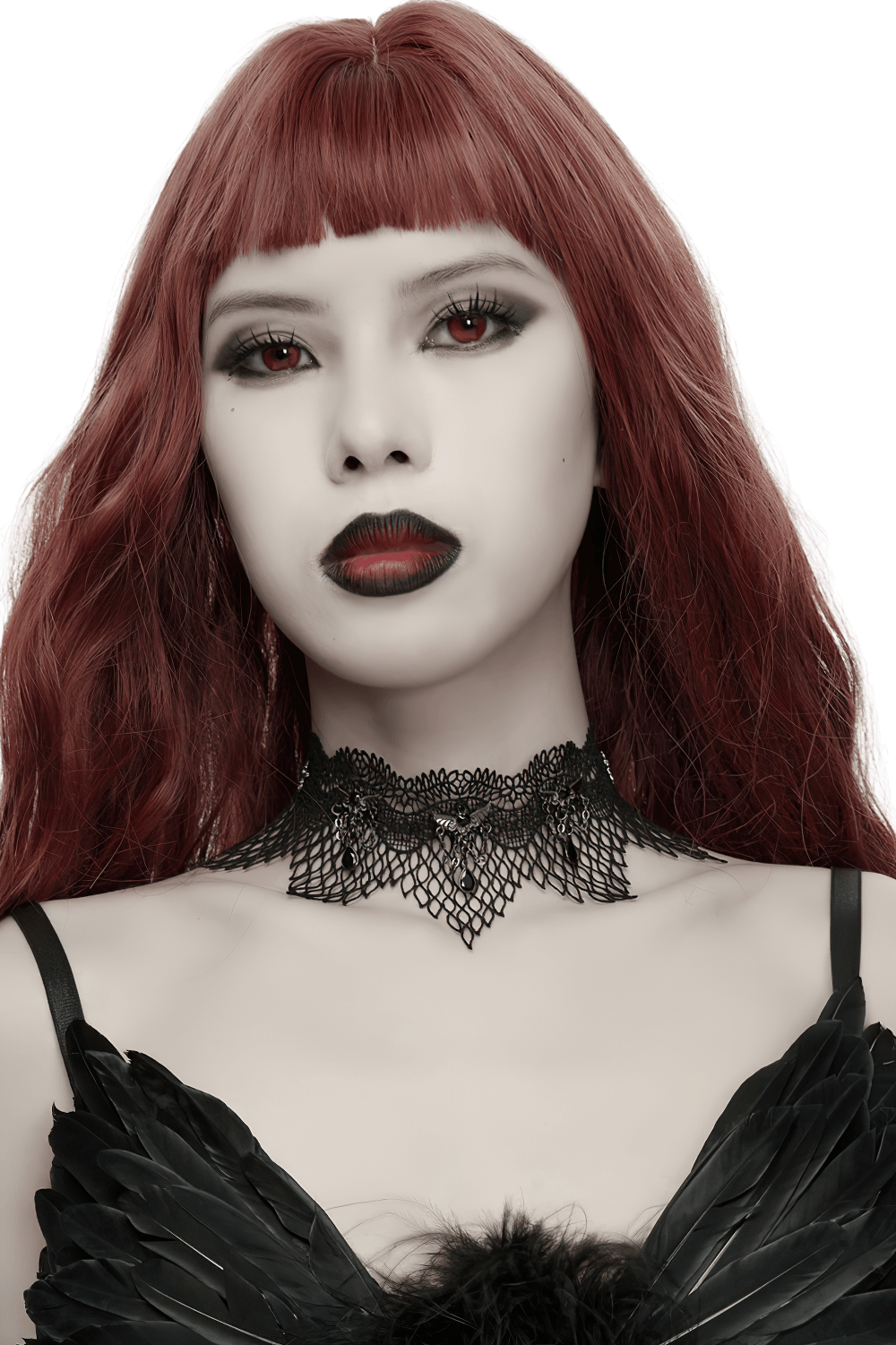 Black Gothic Bat Wing Lace Choker with Crystal Drops worn by a model with bold makeup and red hair.