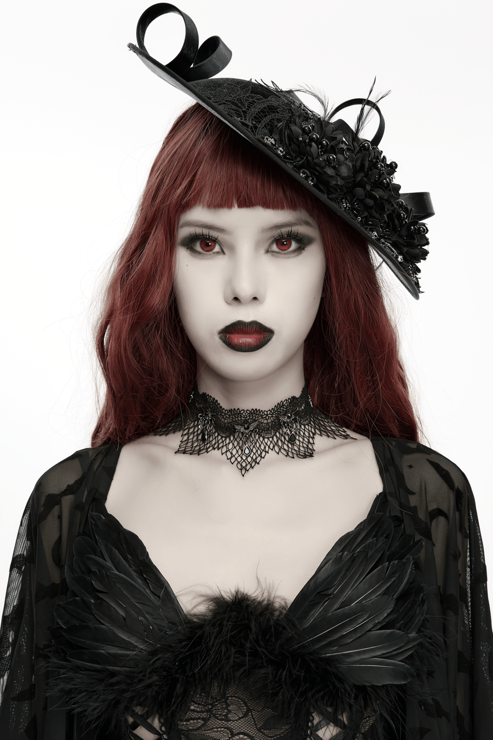 Model wearing Black Gothic Bat Wing Lace Choker with Crystal Drops and a dramatic black hat.